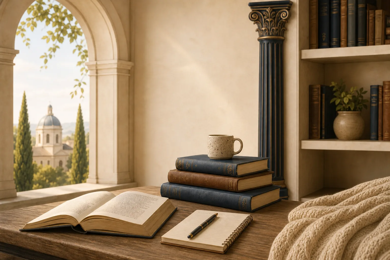 Ambiente de estudo com livros e elementos clássicos