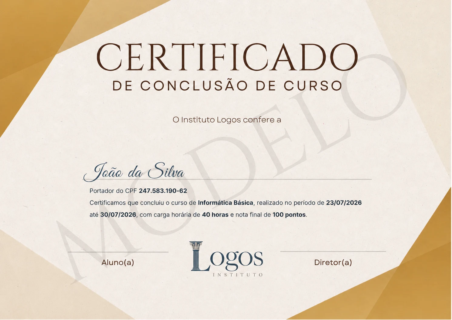 Modelo da frente do certificado do Logos Instituto
