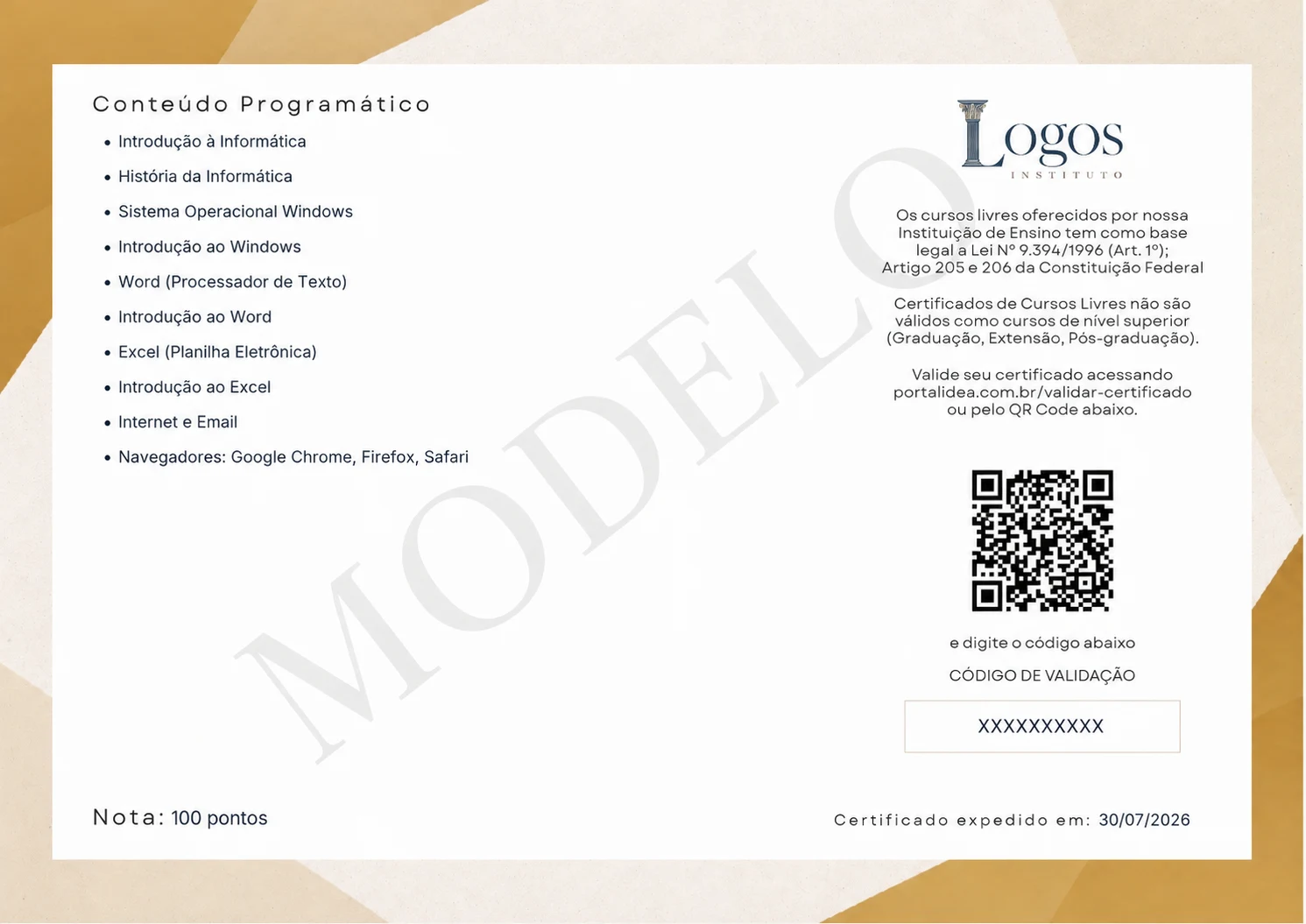 Modelo do verso do certificado do Logos Instituto